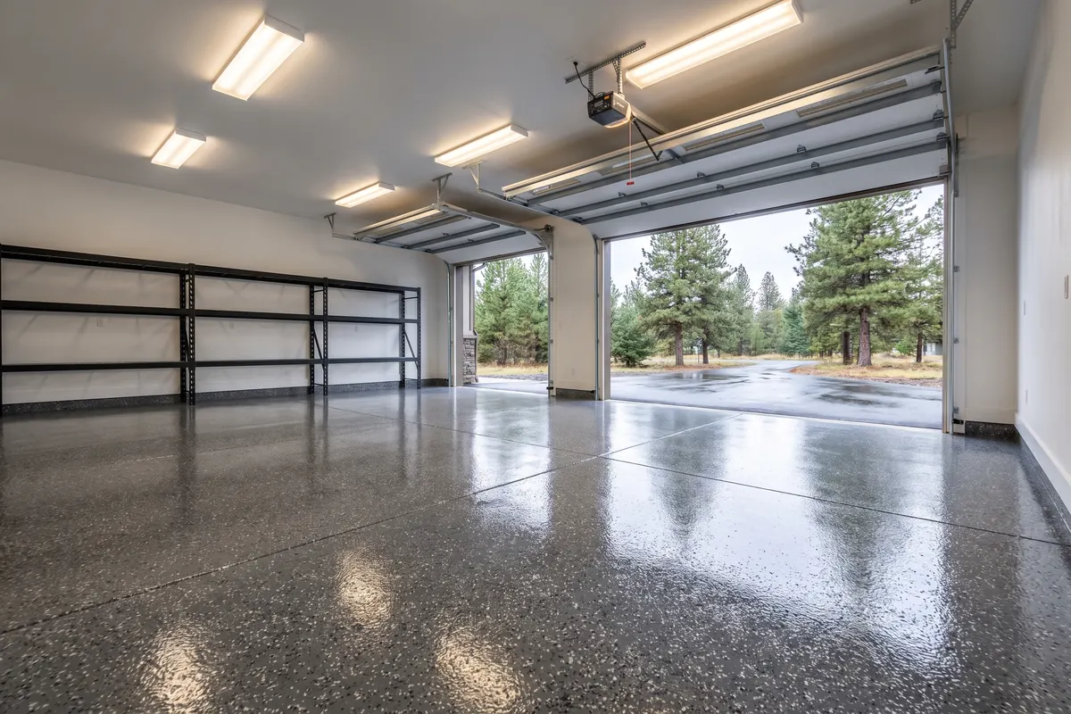 finished charcoal flake epoxy garage floor installed in Spokane Valley, WA